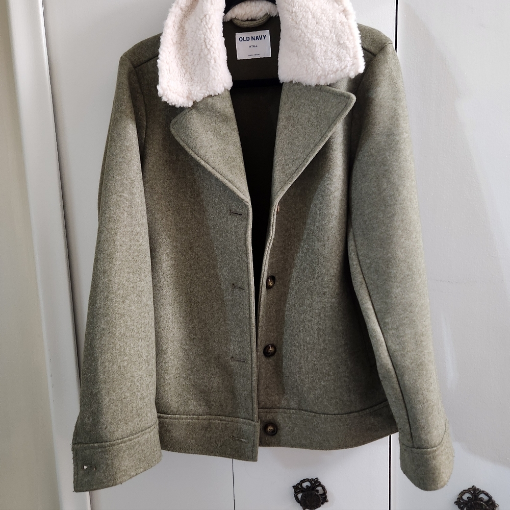 Old Navy M Tall Olive Pea Coat with Sherpa Collar